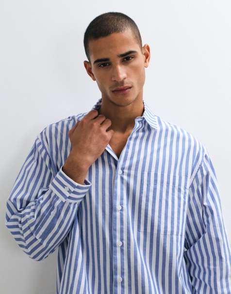 ASOS DESIGN oversized poplin stripe shirt in blue and white - view 1