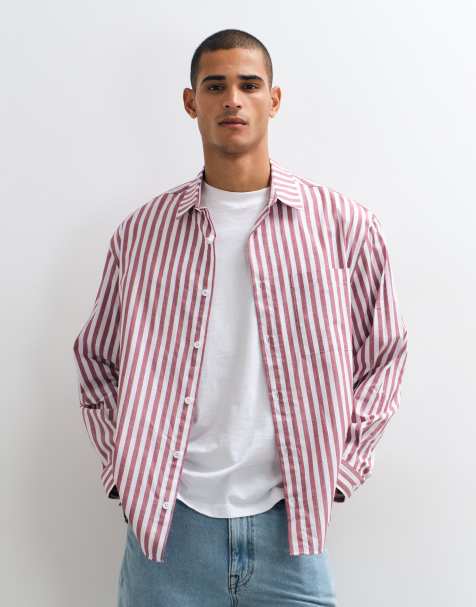 ASOS DESIGN oversized poplin stripe shirt in burgundy and white - view 1