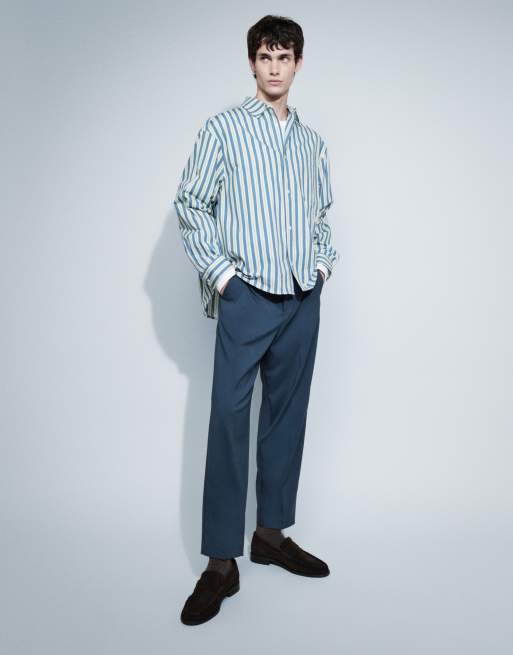 ASOS DESIGN oversized poplin stripe shirt with chest embroidery in blue, 2 of 5