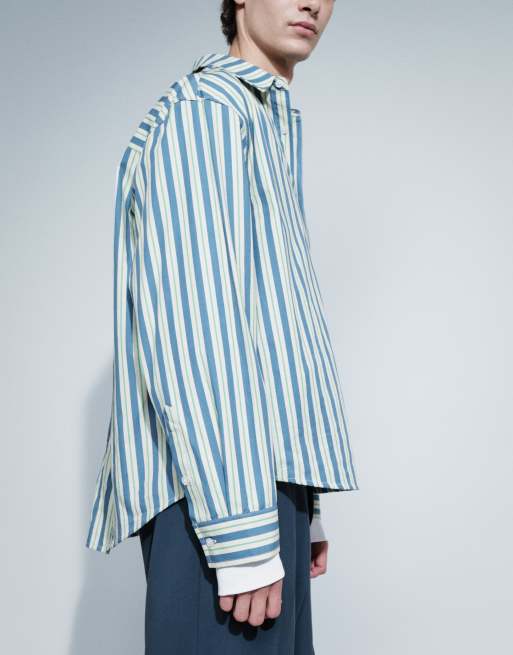 ASOS DESIGN oversized poplin stripe shirt with chest embroidery in blue, 4 of 5