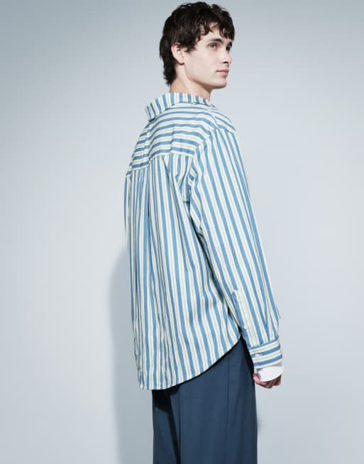 ASOS DESIGN oversized poplin stripe shirt with chest embroidery in blue, 5 of 5