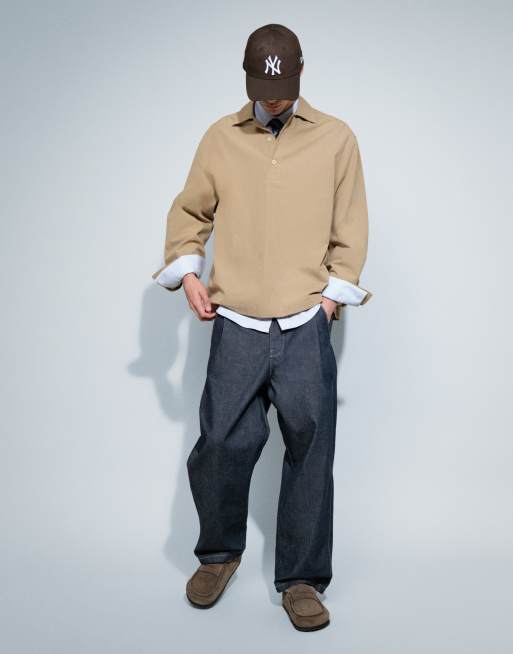 ASOS DESIGN oversized poplinskjorta med polokrage i beige, 6 av 10