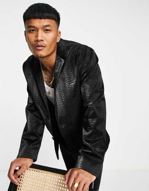 ASOS DESIGN trucker jacket in black croc leather look - part of a set