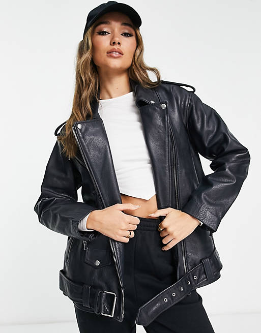 ASOS DESIGN oversized premium real washed leather biker jacket in black ...