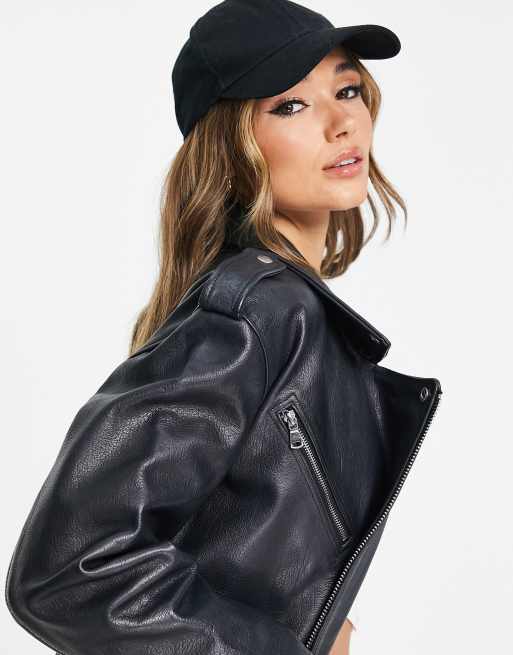 ASOS Premium Leather Oversized Biker Jacket With Chain Detail in Black