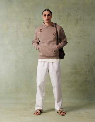 Asos Design Oversized Printed Hoodie With Random Embroidery Placement In Neutral