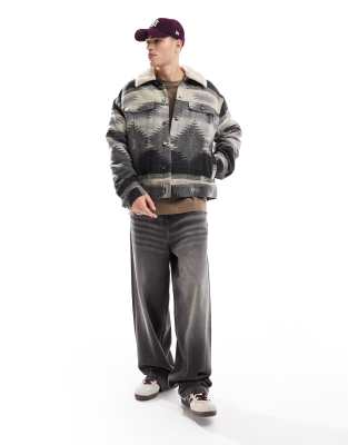 Asos Design Oversized Printed Wool Look Harrington Jacket In Gray