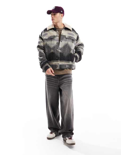 ASOS DESIGN oversized printed wool look harrington jacket in gray