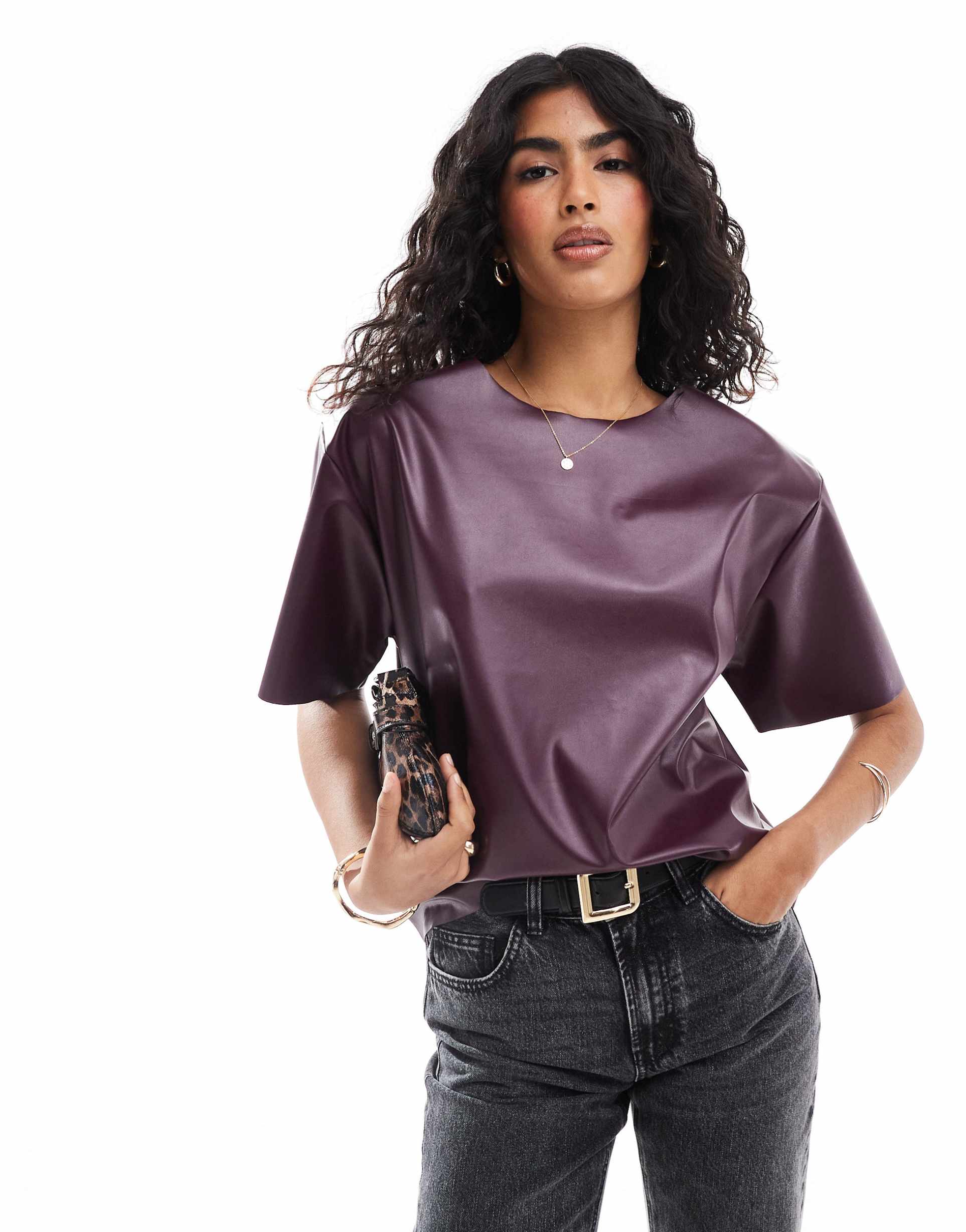 asos design oversized pu tee in burgundy