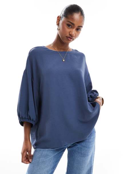 ASOS DESIGN oversized puff sleeve detail top in blue - view 1