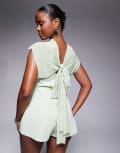 [ASOS DESIGN] ASOS DESIGN oversized puff sleeve sheer overlay playsuit in green S Sage Green