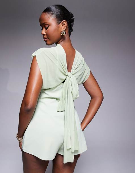 ASOS DESIGN oversized puff sleeve sheer overlay romper in sage green - view 1