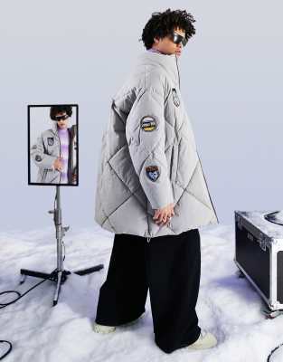 Asos Design Oversized Puffer Jacket In Gray With Badging ModeSens