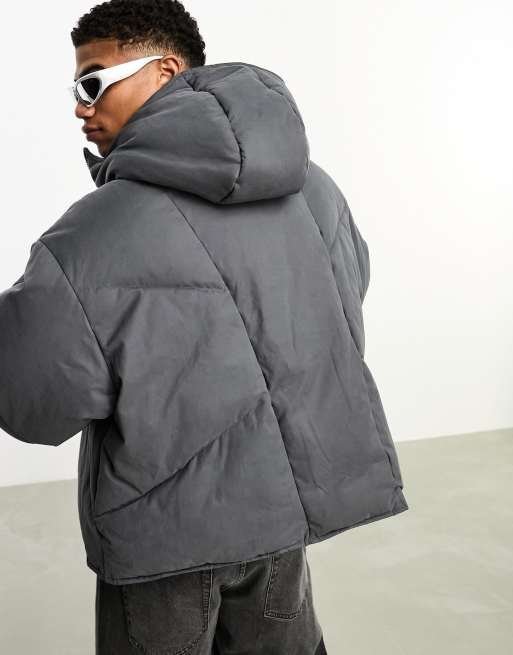 ASOS DESIGN puffer jacket with detachable hood in gray