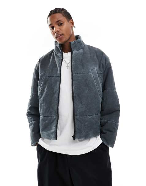 ASOS DESIGN oversized puffer jacket in grey wash - view 1
