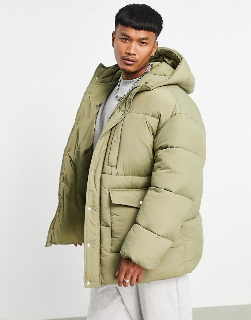ASOS DESIGN oversized puffer jacket in khaki-Green