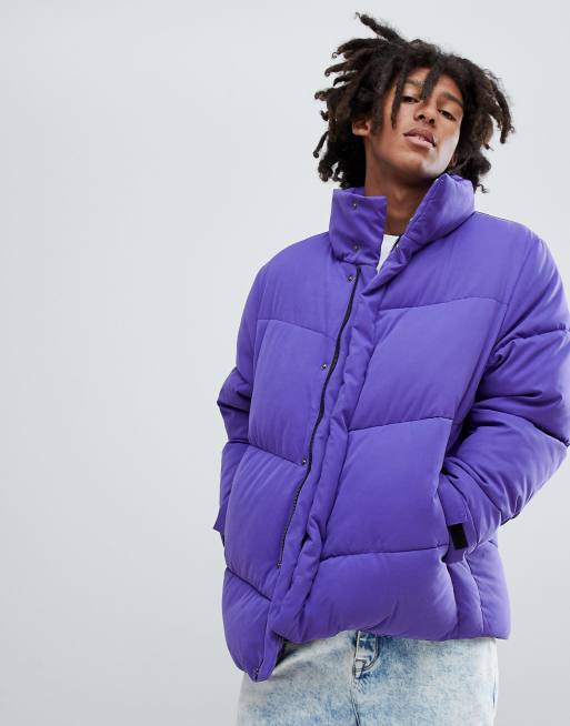 long purple puffer coat