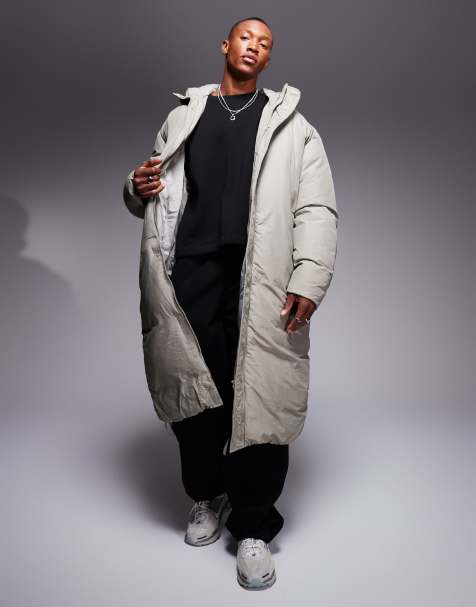 ASOS DESIGN oversized puffer jacket with hood and drawcords in stone - view 1