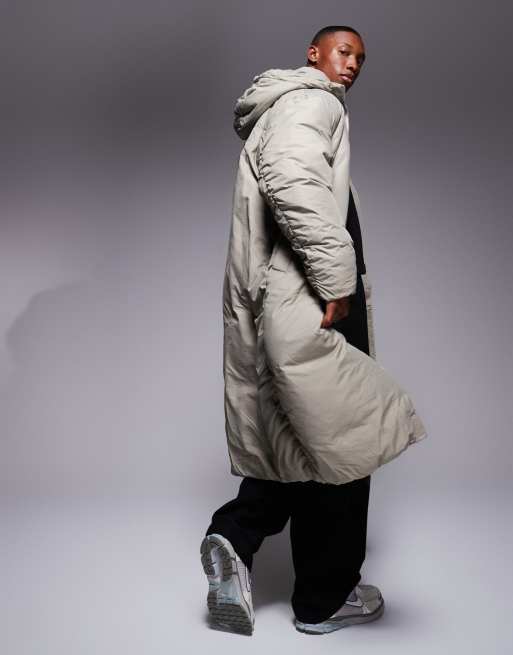 ASOS DESIGN oversized puffer jacket with hood and drawstrings in stone