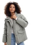 [ASOS DESIGN] ASOS DESIGN oversized puffer jacket with hood in sage-White M Sage