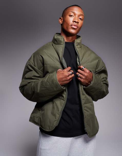ASOS DESIGN oversized puffer jacket with seam detail in khaki - view 1