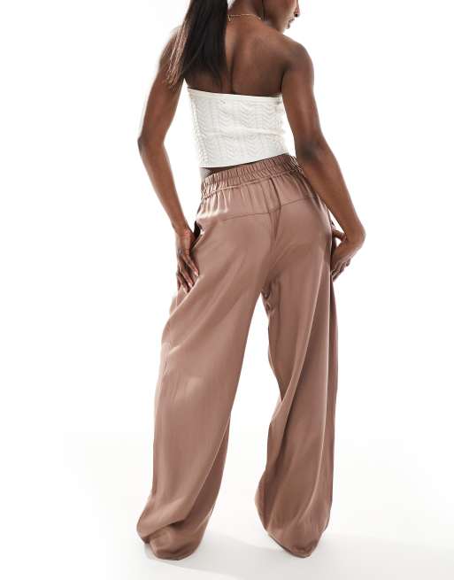 ASOS DESIGN oversized pull on pants with panel and pleat details in mocha