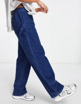 Topshop low rise linen cargo straight leg trouser in blue