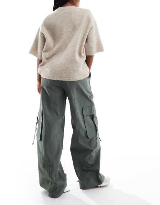 ASOS DESIGN oversized pull on utility pants with tab detail in khaki