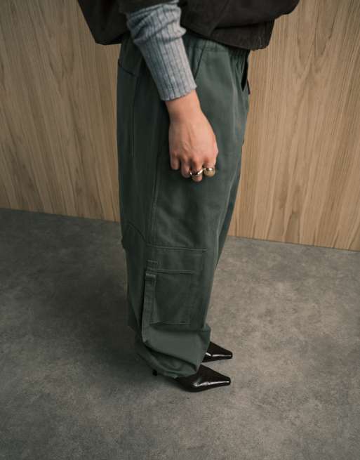ASOS DESIGN oversized pull on utility pants with tab detail in khaki, 5 of 5