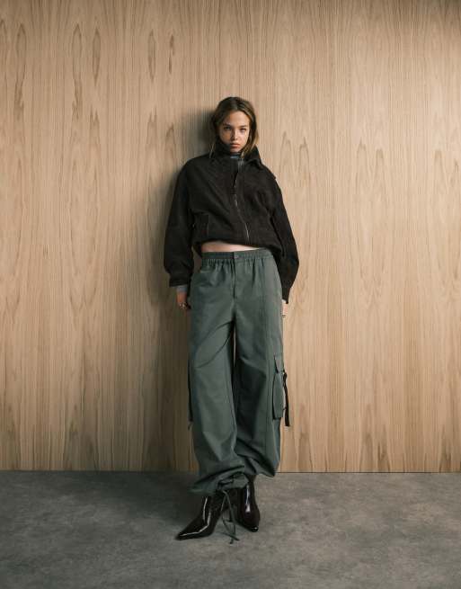 ASOS DESIGN oversized pull on utility pants with tab detail in khaki