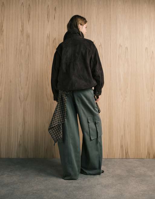 ASOS DESIGN oversized pull on utility pants with tab detail in khaki