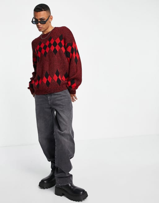 ASOS DESIGN – Oversized-Pullover in Grau mit Argyle-Muster in Rot