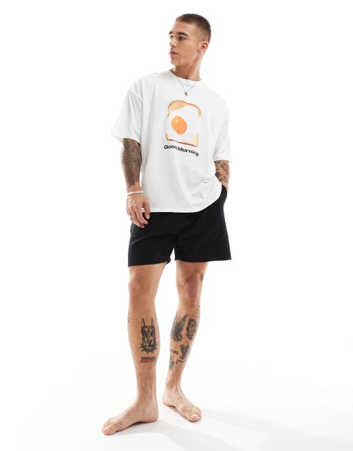 ASOS DESIGN - Oversized pyjamaset met 'Good morning'- en kunstwerkprint in wit