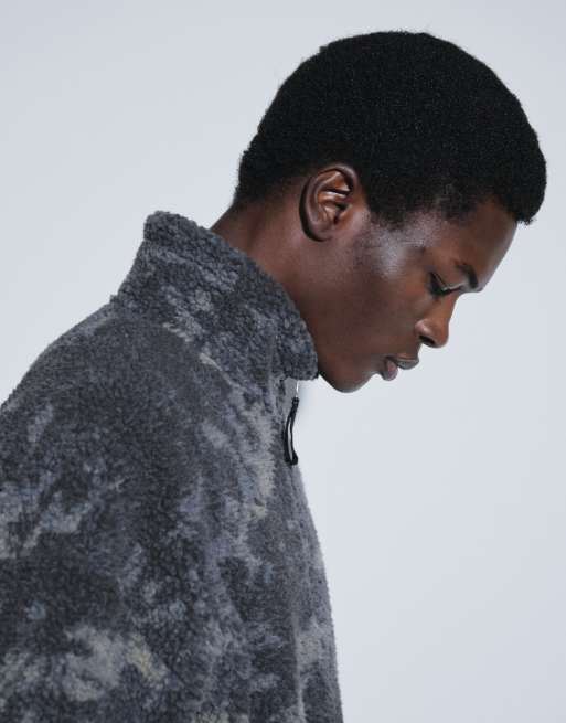 ASOS DESIGN oversized quarter zip borg sweatshirt with camo print in black, 4 of 9