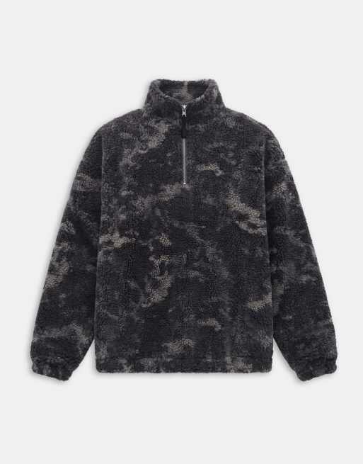 ASOS DESIGN oversized quarter zip borg sweatshirt with camo print in black, 6 of 9