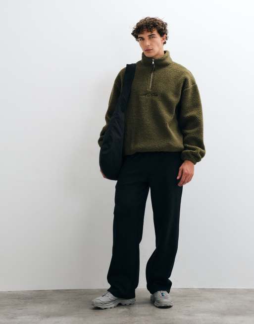 ASOS DESIGN oversized quarter zip borg sweatshirt with embroidery in ...