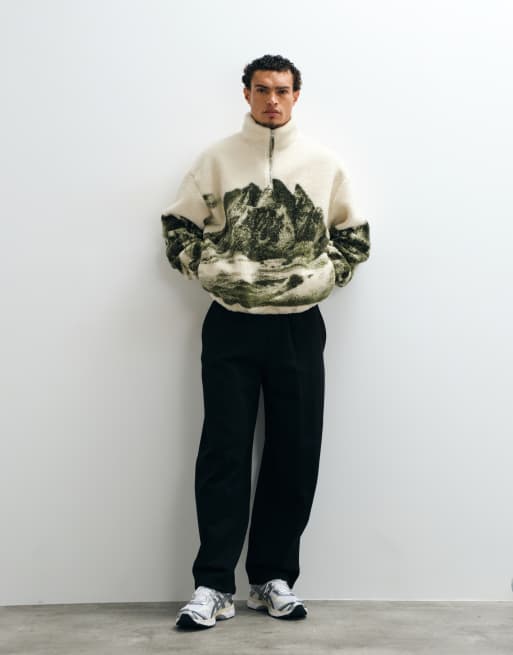 ASOS DESIGN oversized quarter zip borg sweatshirt with mountain print in green, 2 of 5