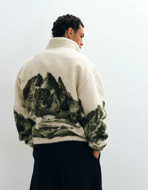 ASOS DESIGN oversized quarter zip borg sweatshirt with mountain print in green, 3 of 5