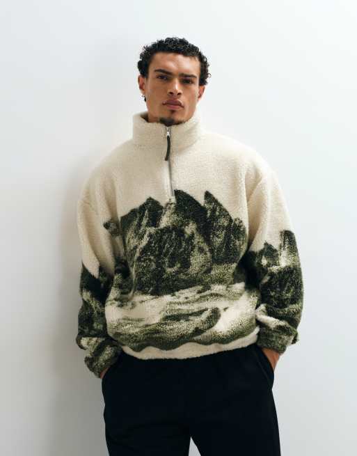 ASOS DESIGN oversized quarter zip borg sweatshirt with mountain print in green, 5 of 5