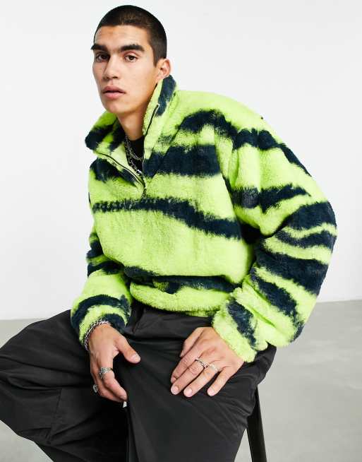 ASOS DESIGN oversized quarter zip faux fur sweatshirt with green zebra print - MULTI