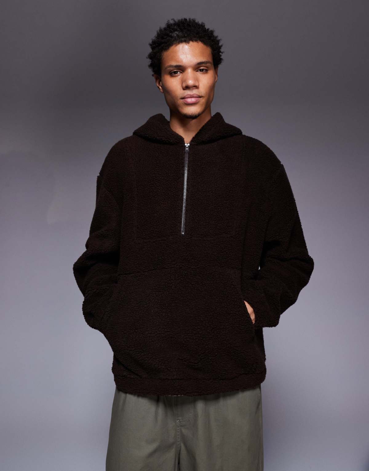 ASOS DESIGN oversized quarter zip fleece hoodie in navy brown