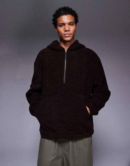 ASOS DESIGN oversized quarter zip fleece hoodie in navy brown
