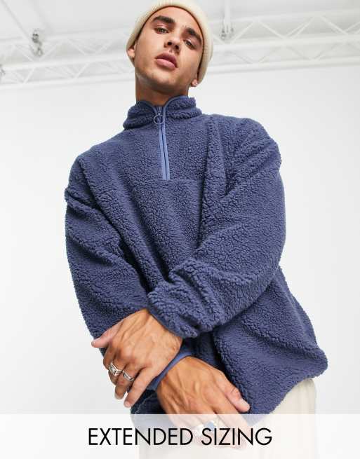 ASOS DESIGN oversized quarter zip fleece in navy borg