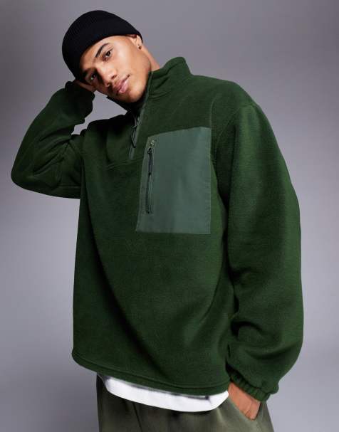 ASOS DESIGN oversized quarter zip fleece sweatshirt in dark green with chest pocket - view 1