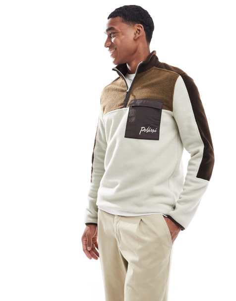 ASOS DESIGN oversized quarter zip fleece sweatshirt with colour block in beige - view 1