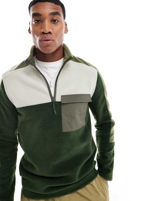 ASOS DESIGN oversized quarter zip fleece sweatshirt with colour block in  dark green