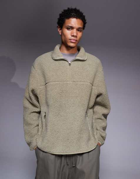 ASOS DESIGN oversized quarter zip funnel neck borg sweatshirt in beige - view 1