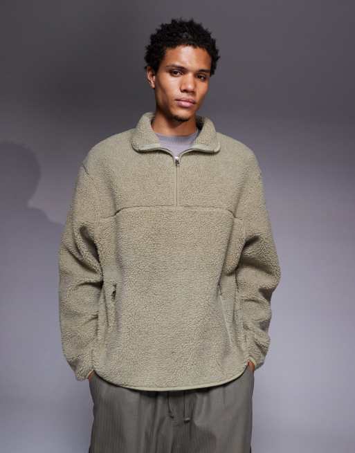 ASOS DESIGN oversized quarter zip funnel neck borg sweatshirt in beige