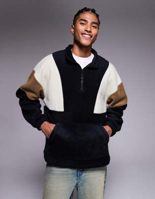 Asos Design Oversized Quarter Zip Funnel Neck Fleece Sweatshirt With Color Block In Black