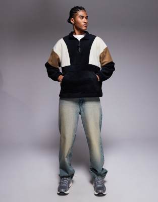 Asos Design Oversized Quarter Zip Funnel Neck Fleece Sweatshirt With Color Block In Black